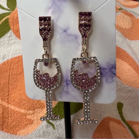 Wine Glass Earrings with Pink and Clear Crystals - Picture 4 of 5